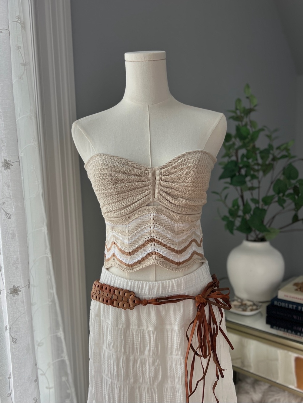 Cream and Tan Cotton Crochet Knit Strapless Top